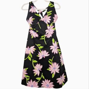 Vintage 90s Black Floral Print Tie Back Halter Neck Rockabilly Retro Dress SZ 10